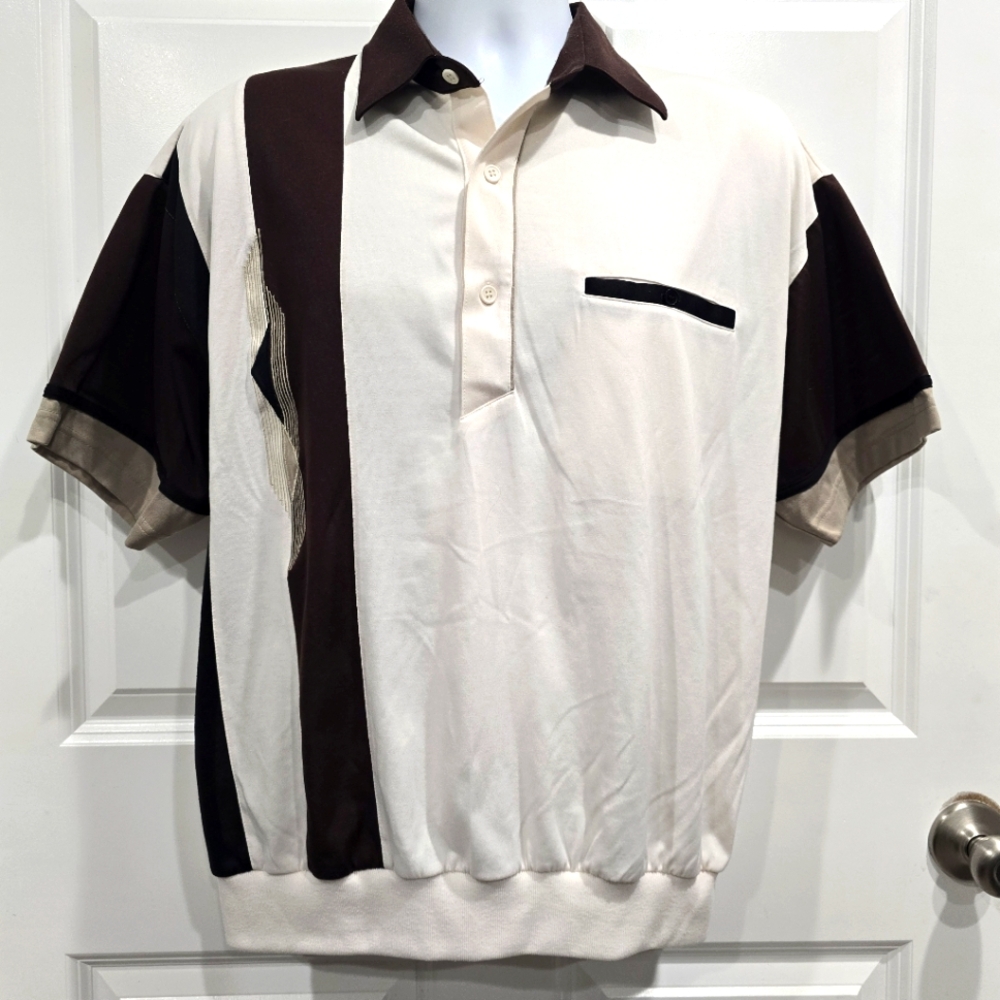 Vintage Tropical Palm Shirt Sz L Beige Brown Rockabilly Pullover